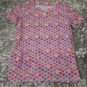 Vintage Womens Scrub Top Size M Pink With Hearts Short Sleeve Valentine's Day